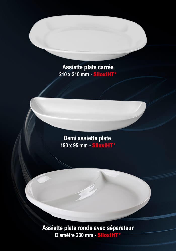 Assiettes régithermie SiloxiHT : assiettes plates carrées, demi-assiettes plates, assiettes plates rondes avec séparateur